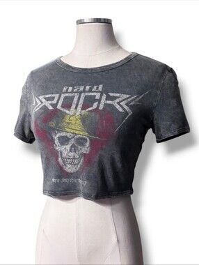 K. JEN Grey Acid Washed Low Crew Neck Cropped Top “Hard Rock” Skull Graphic